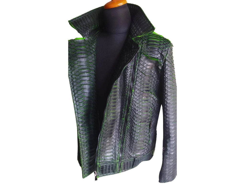 Motorcycle leather jacket with king snakeskin scale pattern and green trim accents