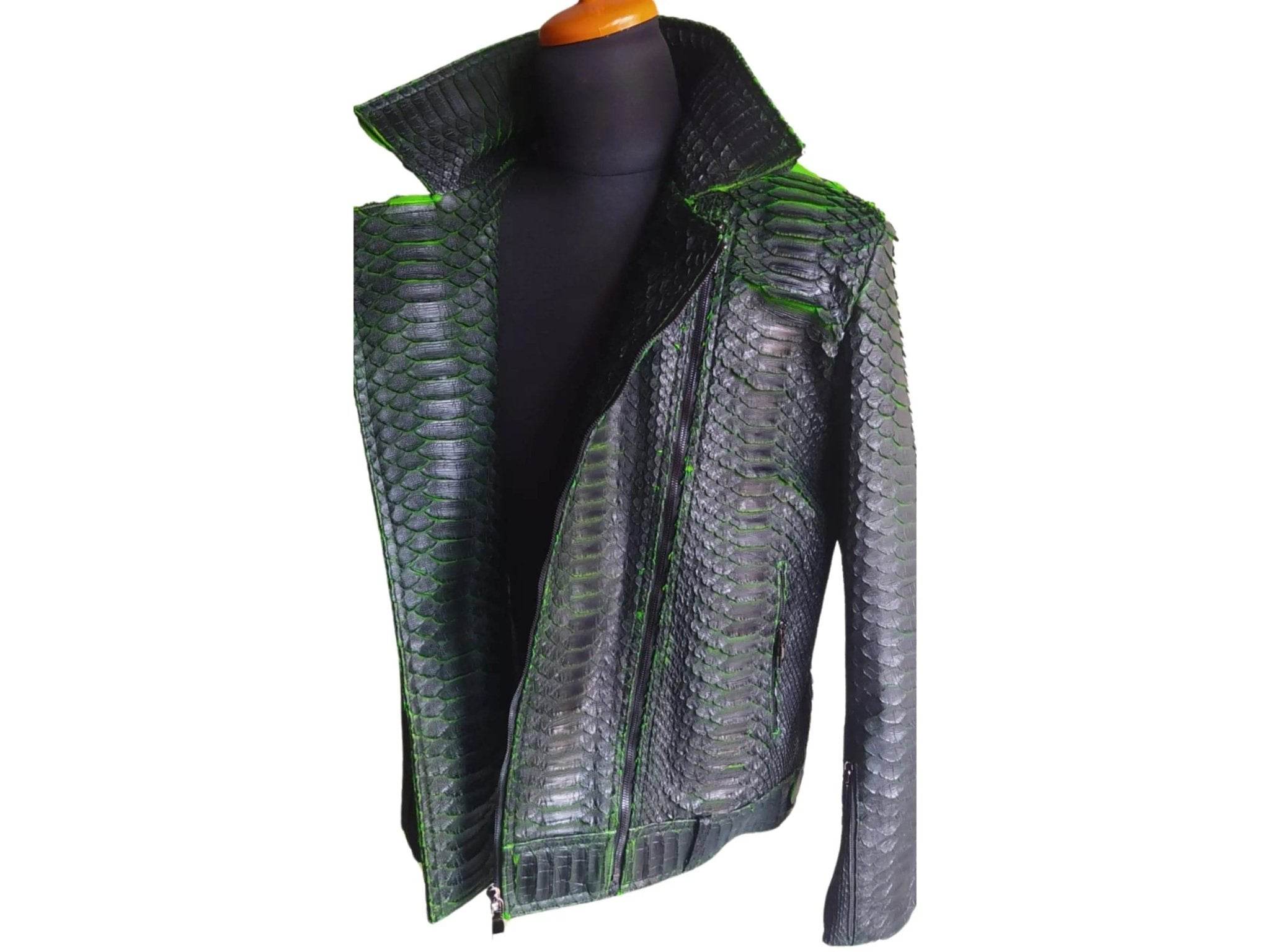 Motorcycle leather jacket with king snakeskin scale pattern and green trim accents