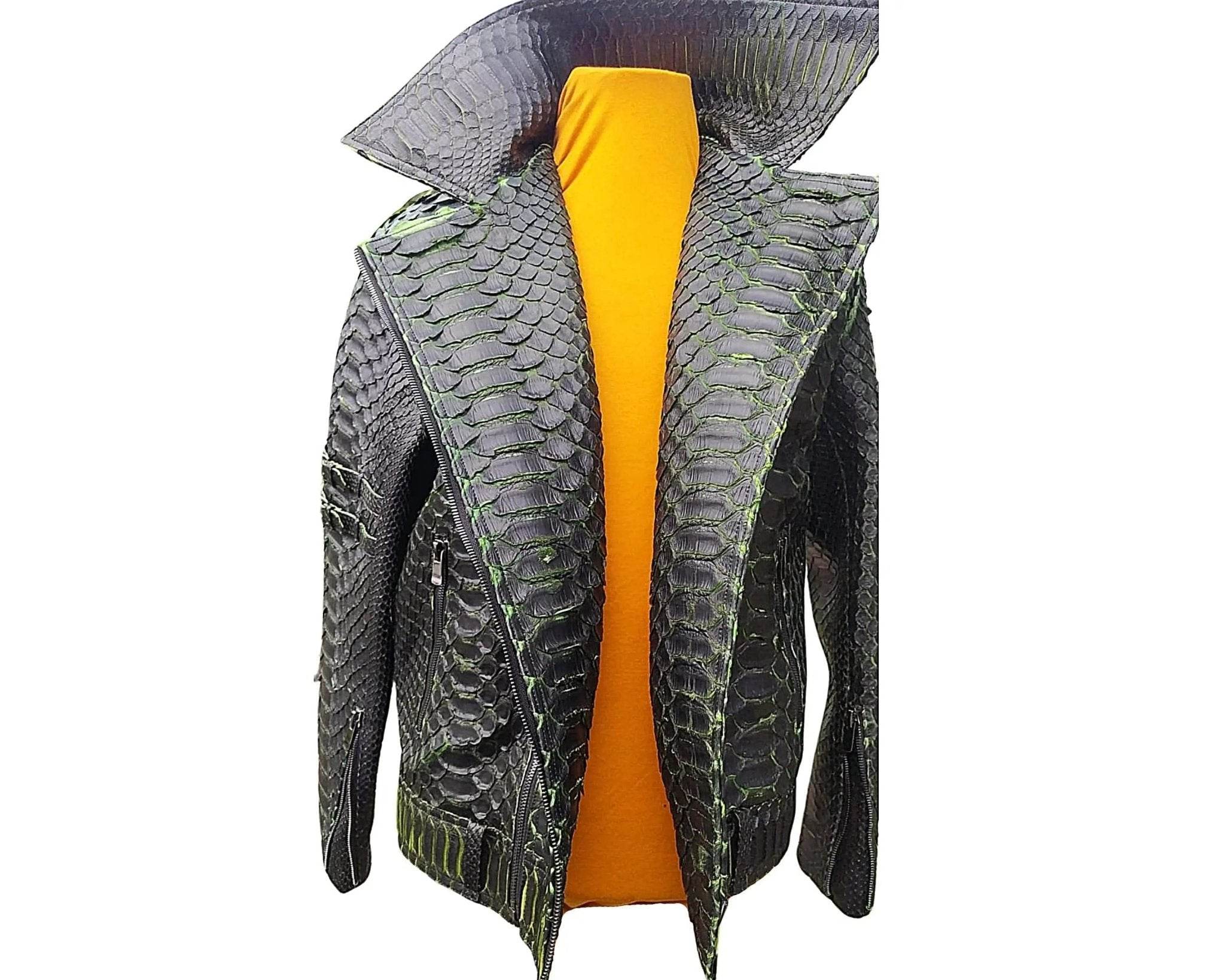Motorcycle leather jacket front view with snakeskin scales and green-lined zip details