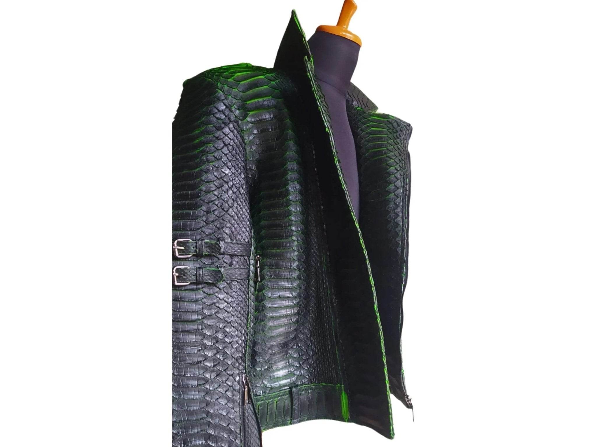 Motorcycle leather jacket side view with snakeskin pattern, green piping, and belt strap