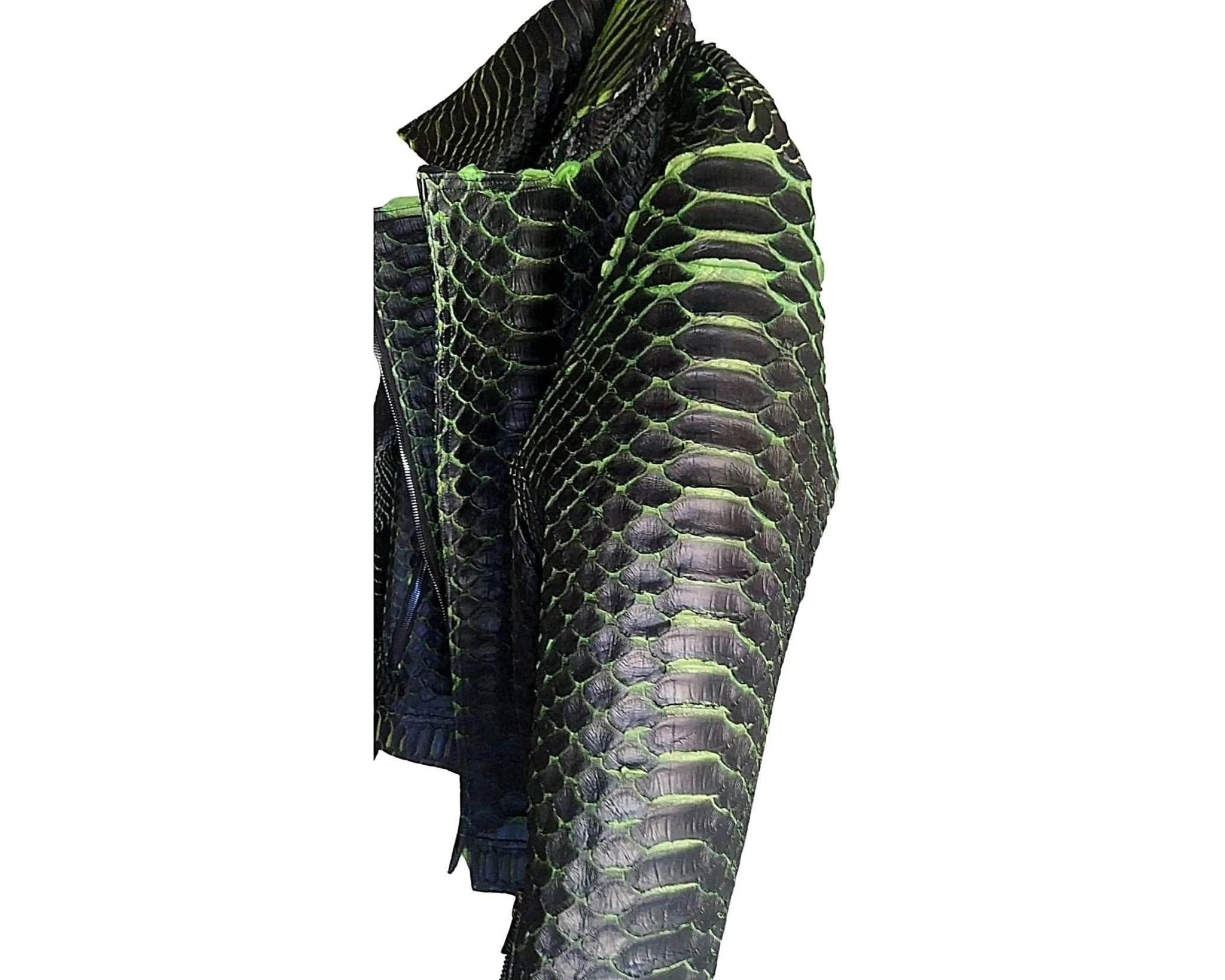 Motorcycle leather jacket side view with king snakeskin texture and green trim lines