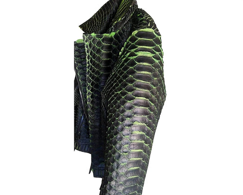 Motorcycle leather jacket side view with king snakeskin texture and green trim lines
