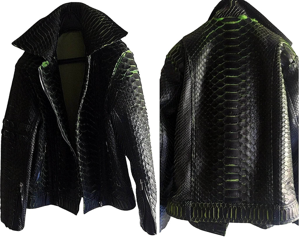 Motorcycle leather jacket pair view, black with snakeskin scales and green piping trim