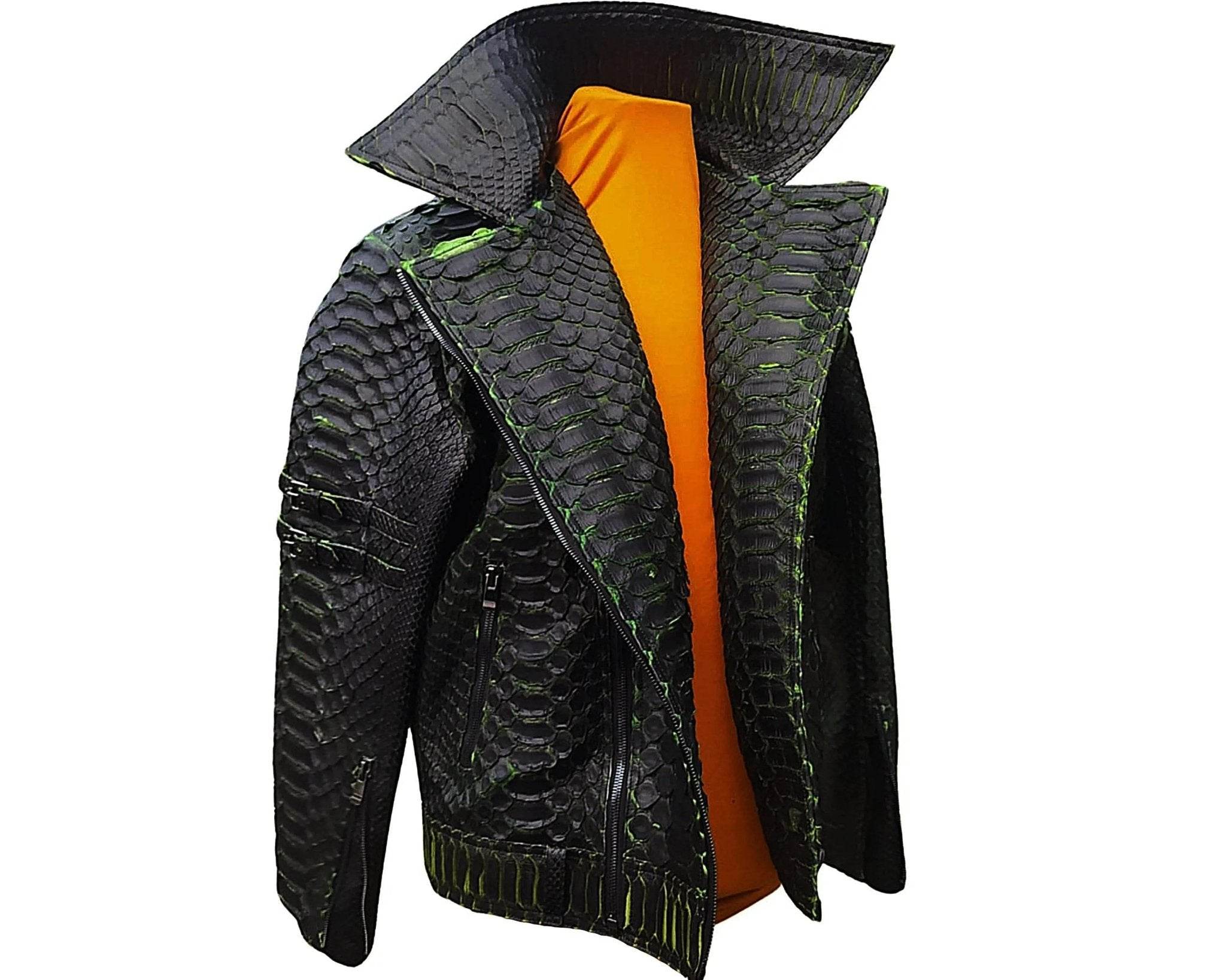 Motorcycle leather jacket with dark snakeskin scales, green piping, front zip and panels