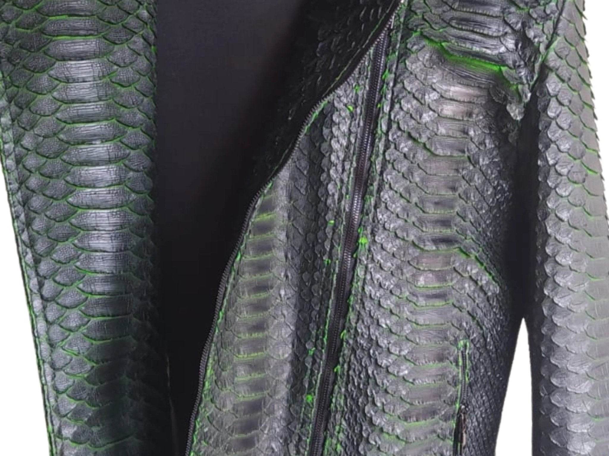Motorcycle leather jacket close-up of king snakeskin scales with green trim lines