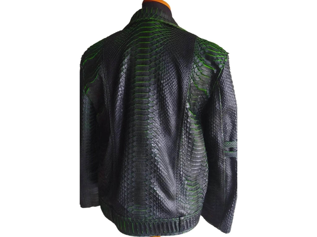 Motorcycle leather jacket back view with king snakeskin scale texture and green accents
