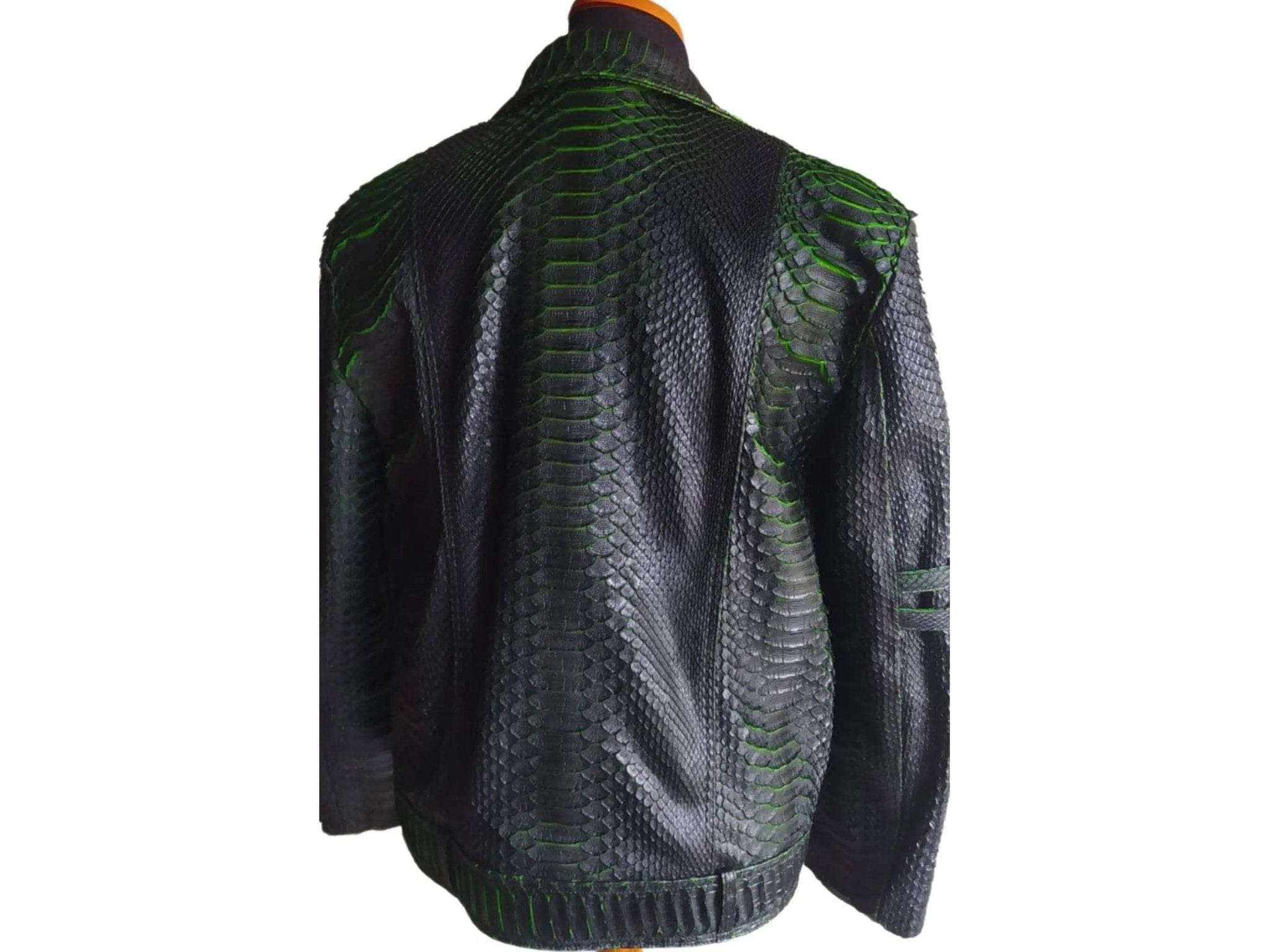 Motorcycle leather jacket back view with king snakeskin scale texture and green accents