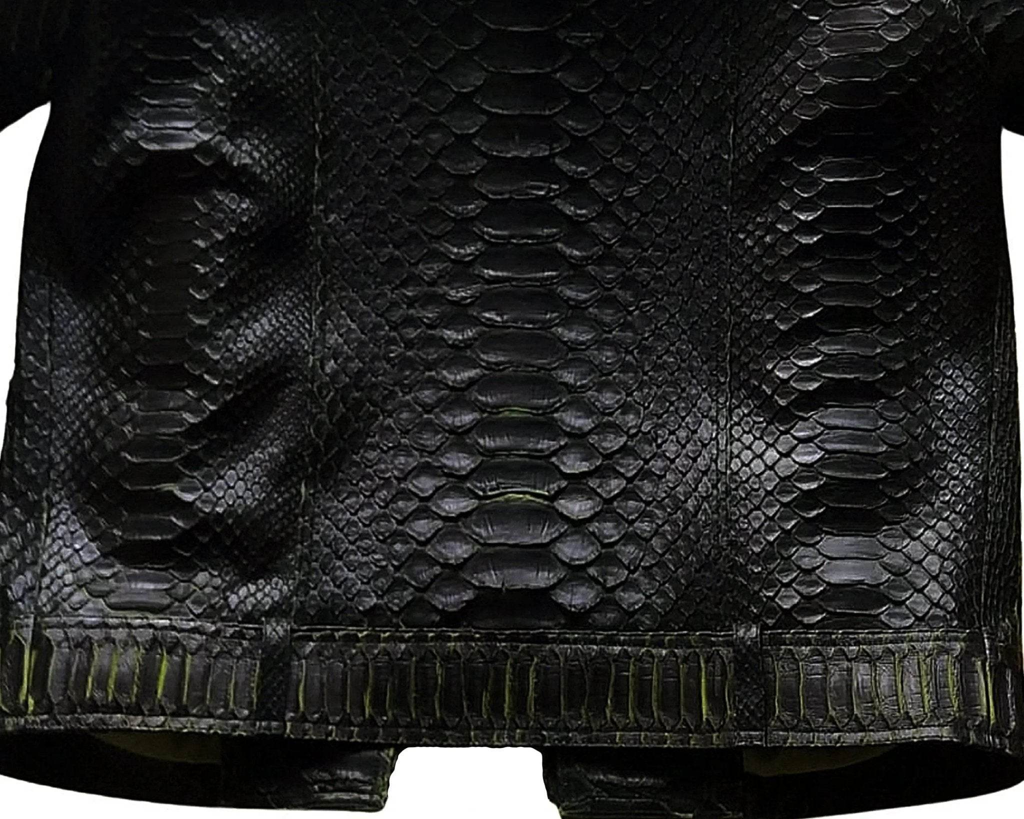 Black motorcycle leather jacket with embossed king snakeskin python scale pattern