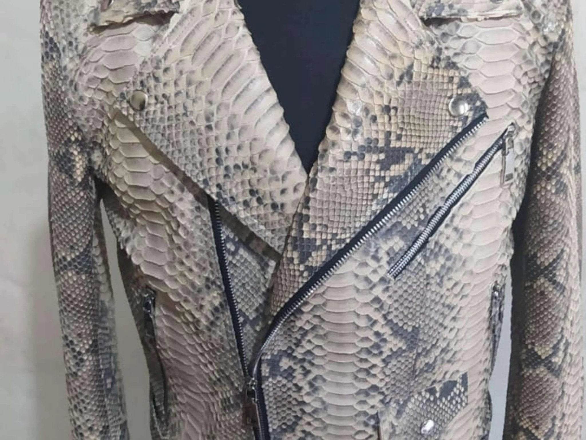 Natural grey python snakeskin leather jacket front with zip and notched lapel