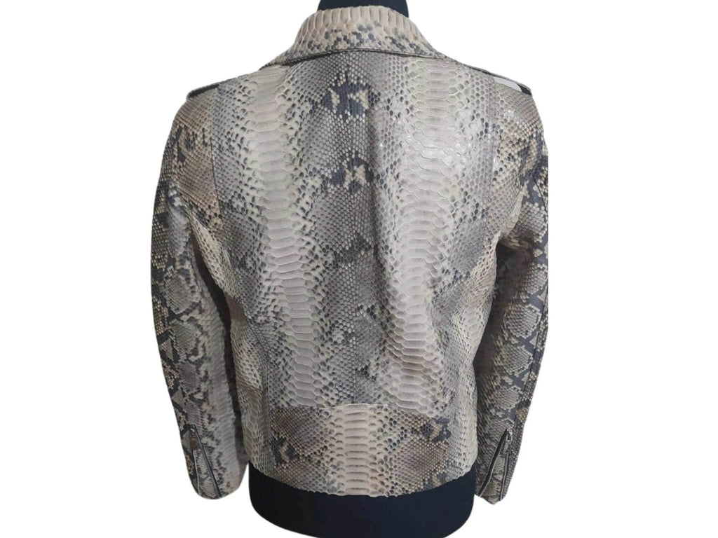 Natural grey python snakeskin leather jacket with back view and full-length sleeves