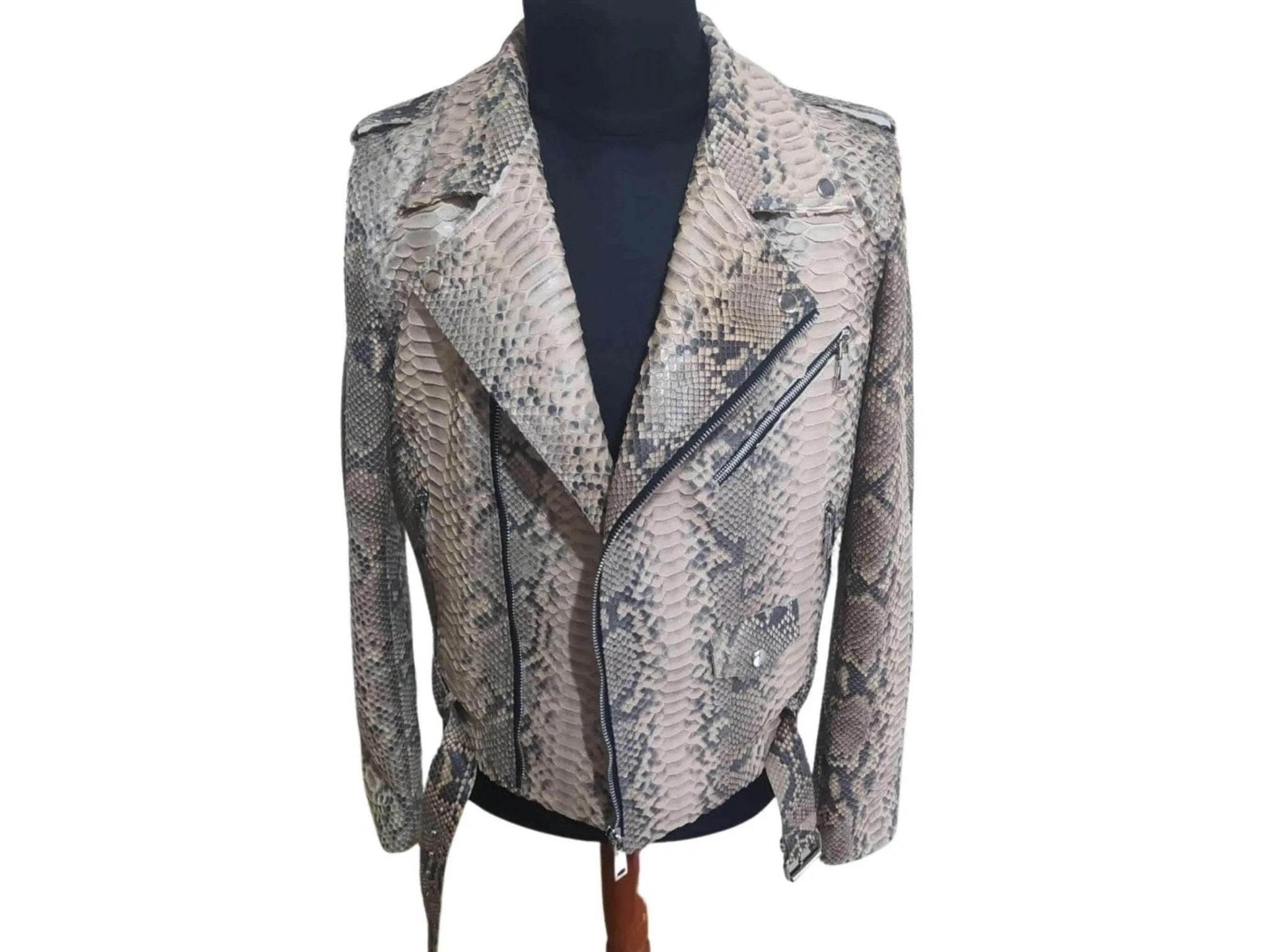 Natural grey python snakeskin leather jacket with front zip and pointed lapels
