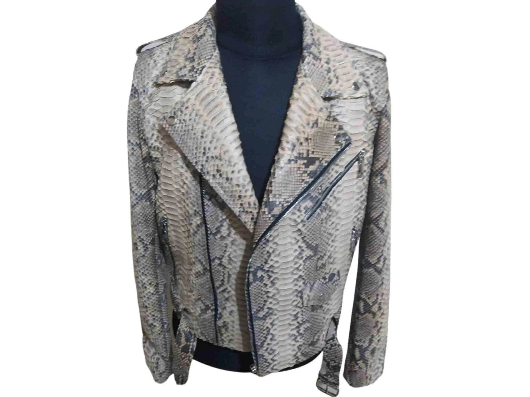 Natural grey python snakeskin leather jacket on a mannequin, front view with zip closure