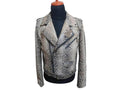 Natural grey python snakeskin leather jacket with front zip, lapels, and long sleeves