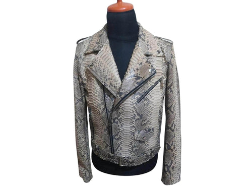 Natural grey python snakeskin leather jacket with front zip, lapels, and long sleeves