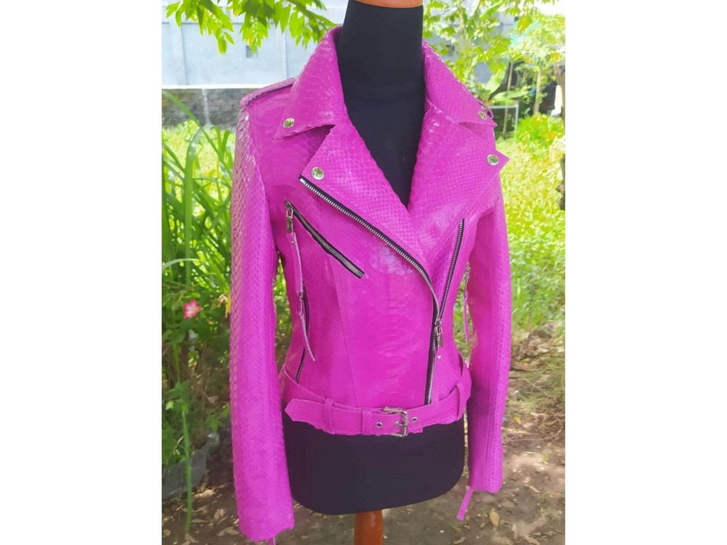 Neon pink python snakeskin leather jacket with pointed collar and zipper details
