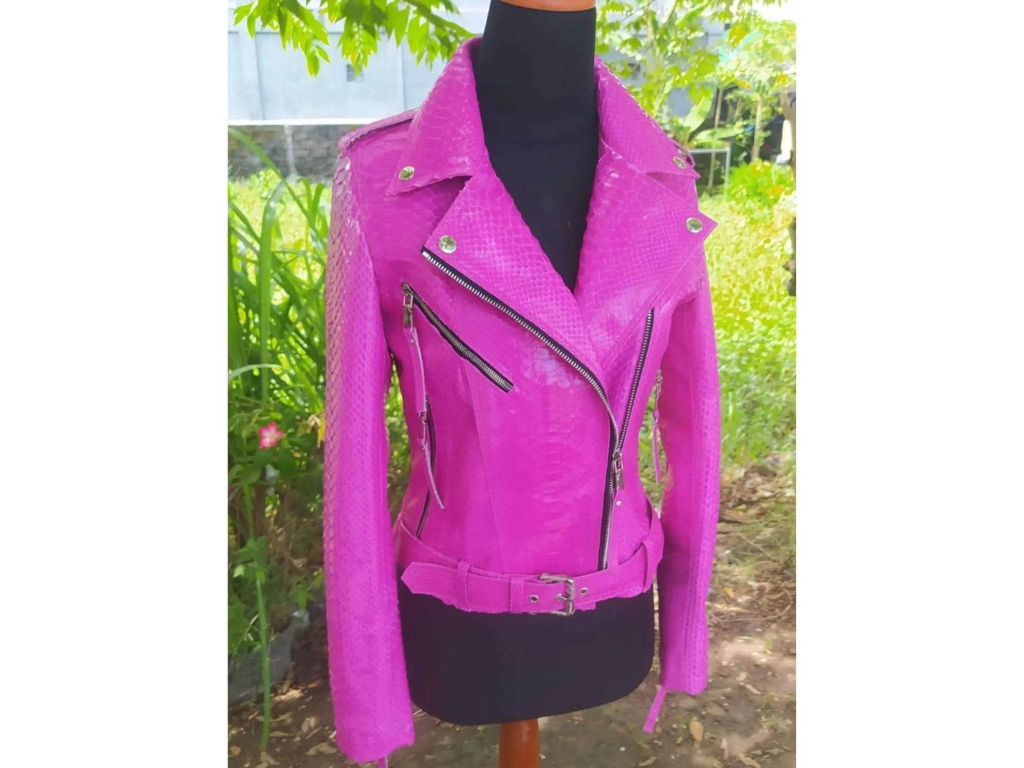 Neon pink python snakeskin leather jacket with pointed collar and zipper details
