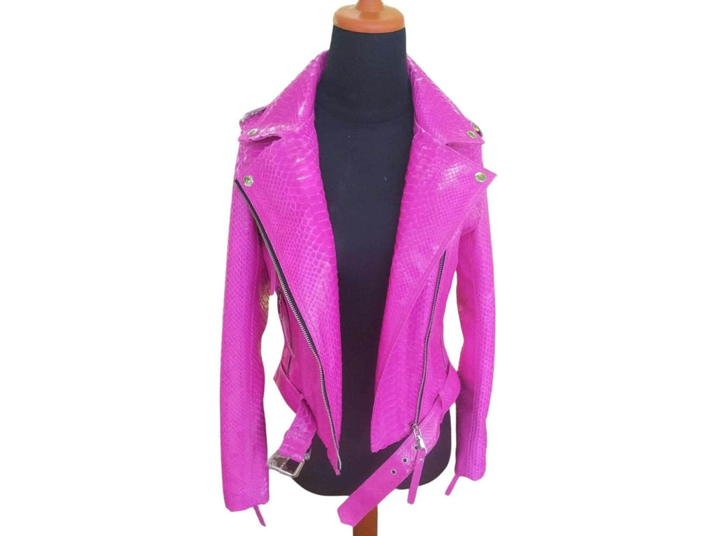 Neon pink python snakeskin leather jacket with asymmetrical zip and fringe hem