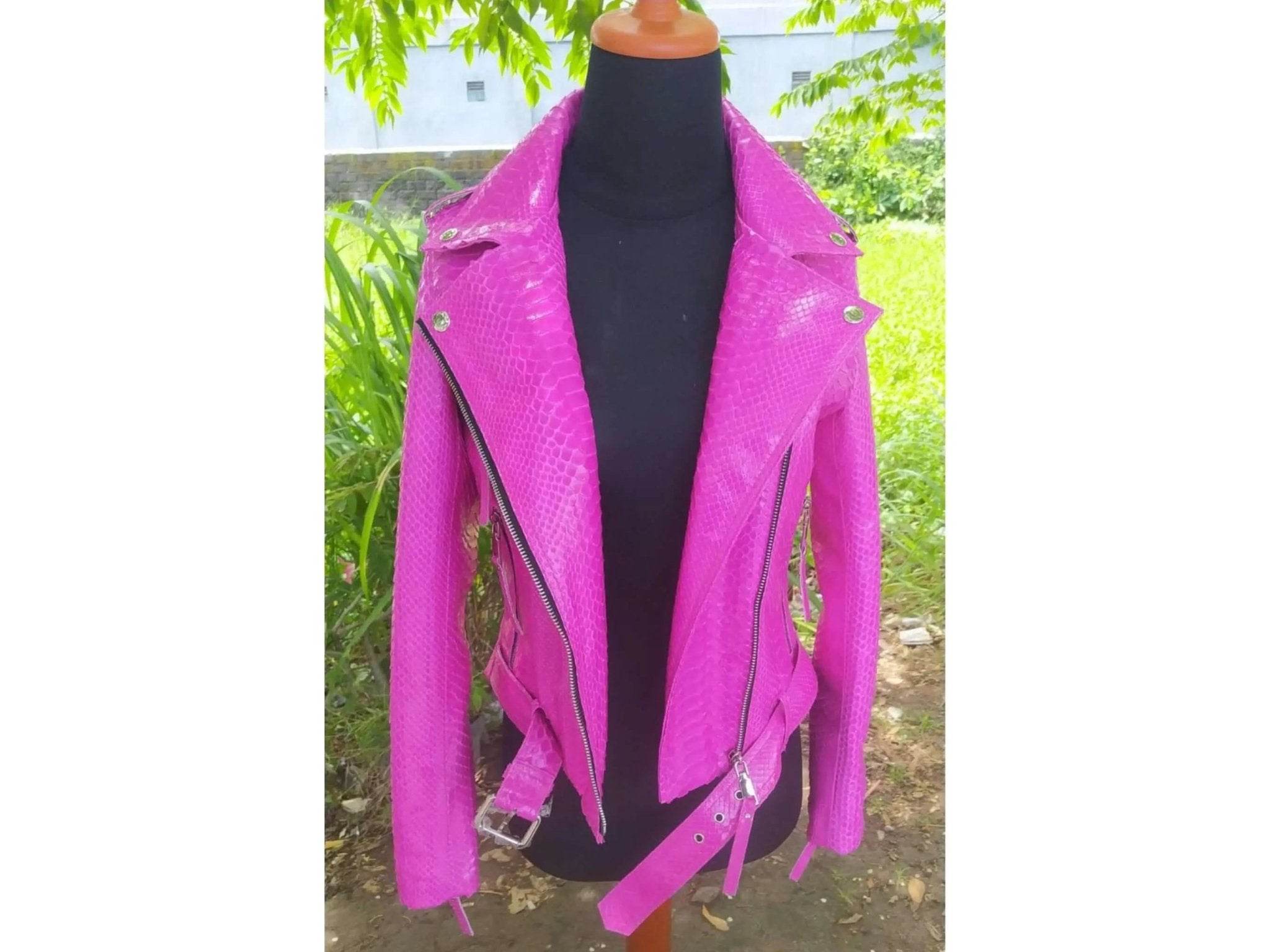 Neon pink python snakeskin leather biker jacket with snap collar and side zips
