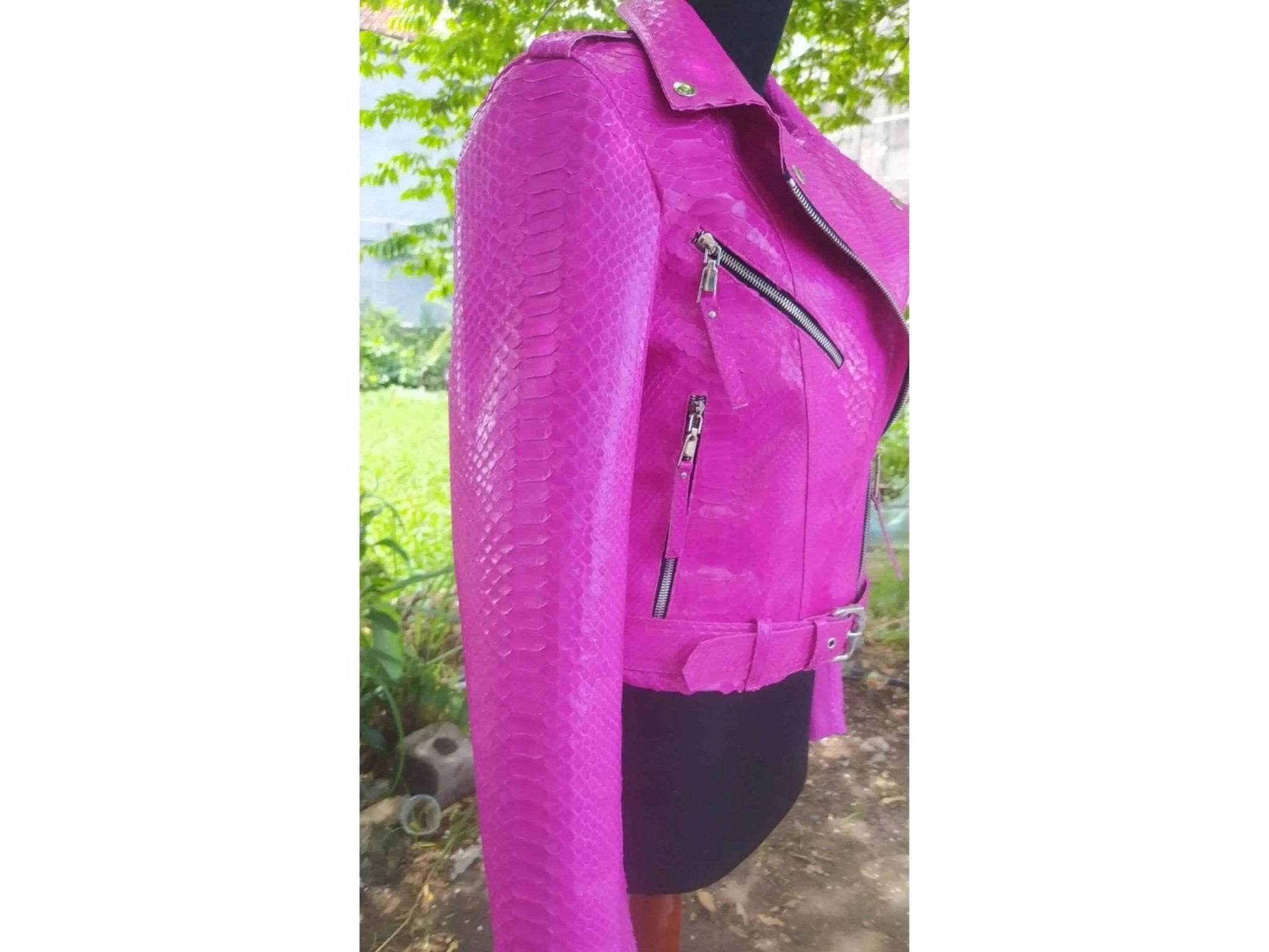 Neon pink python snakeskin leather jacket with side zip and snap collar