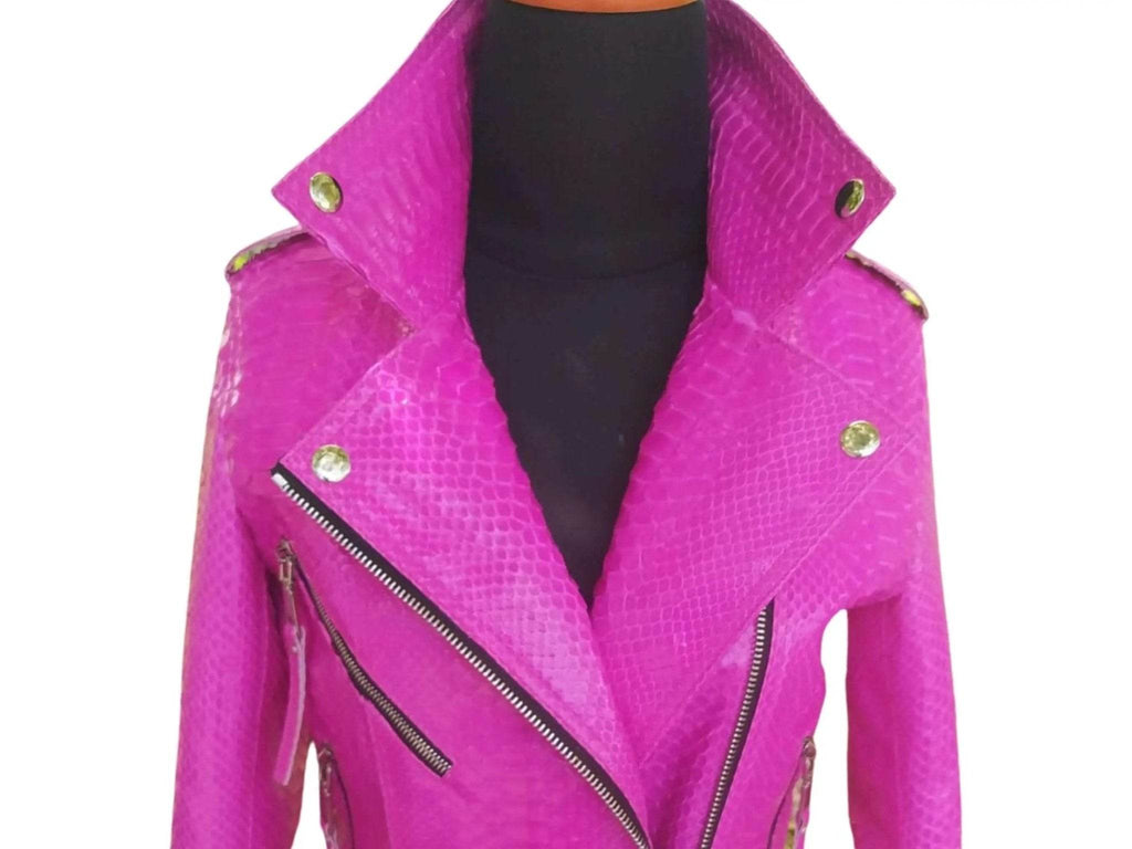 Neon pink python snakeskin leather jacket with studded shoulders and zip front
