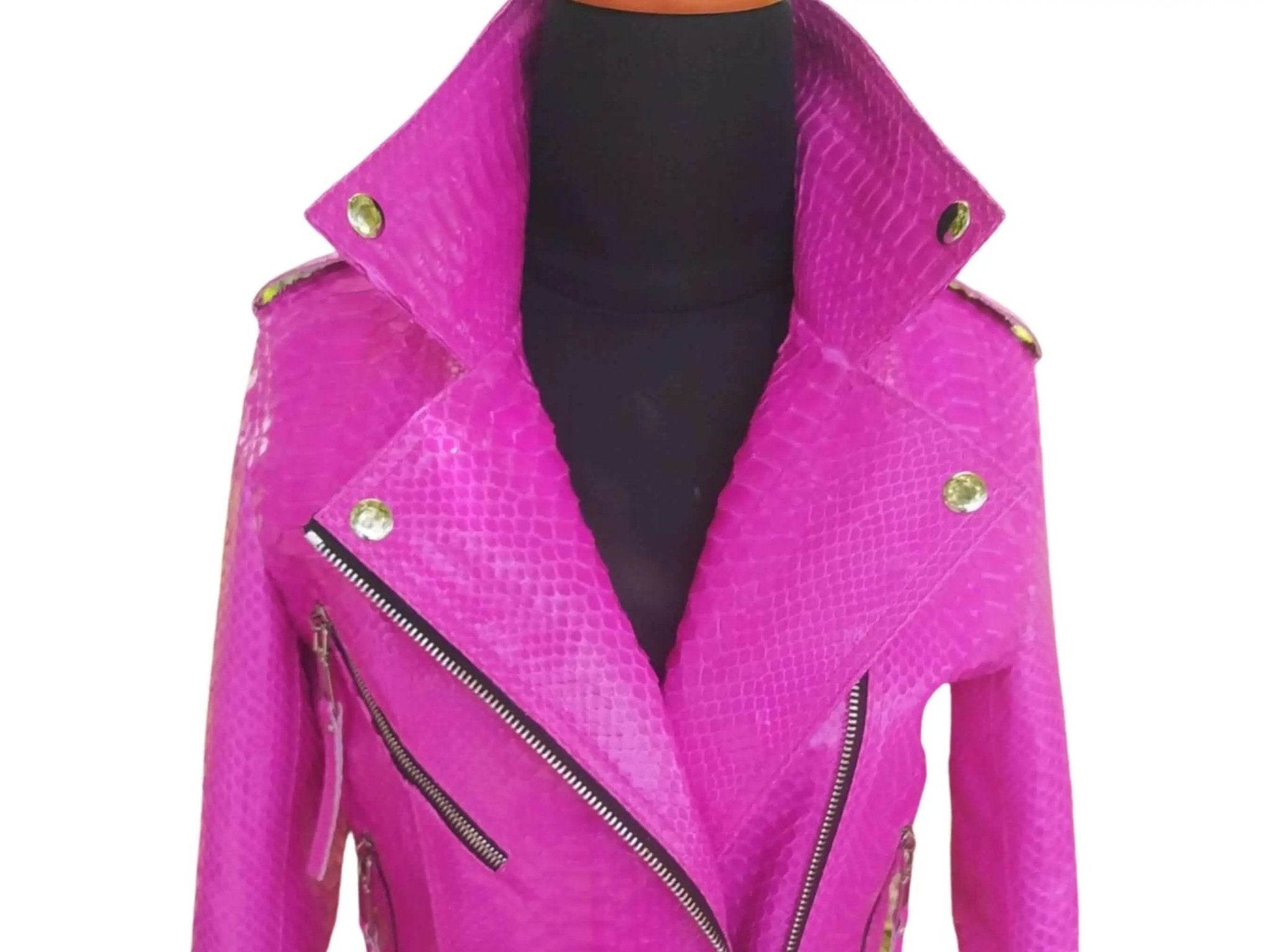 Neon pink python snakeskin leather jacket with studded shoulders and zip front
