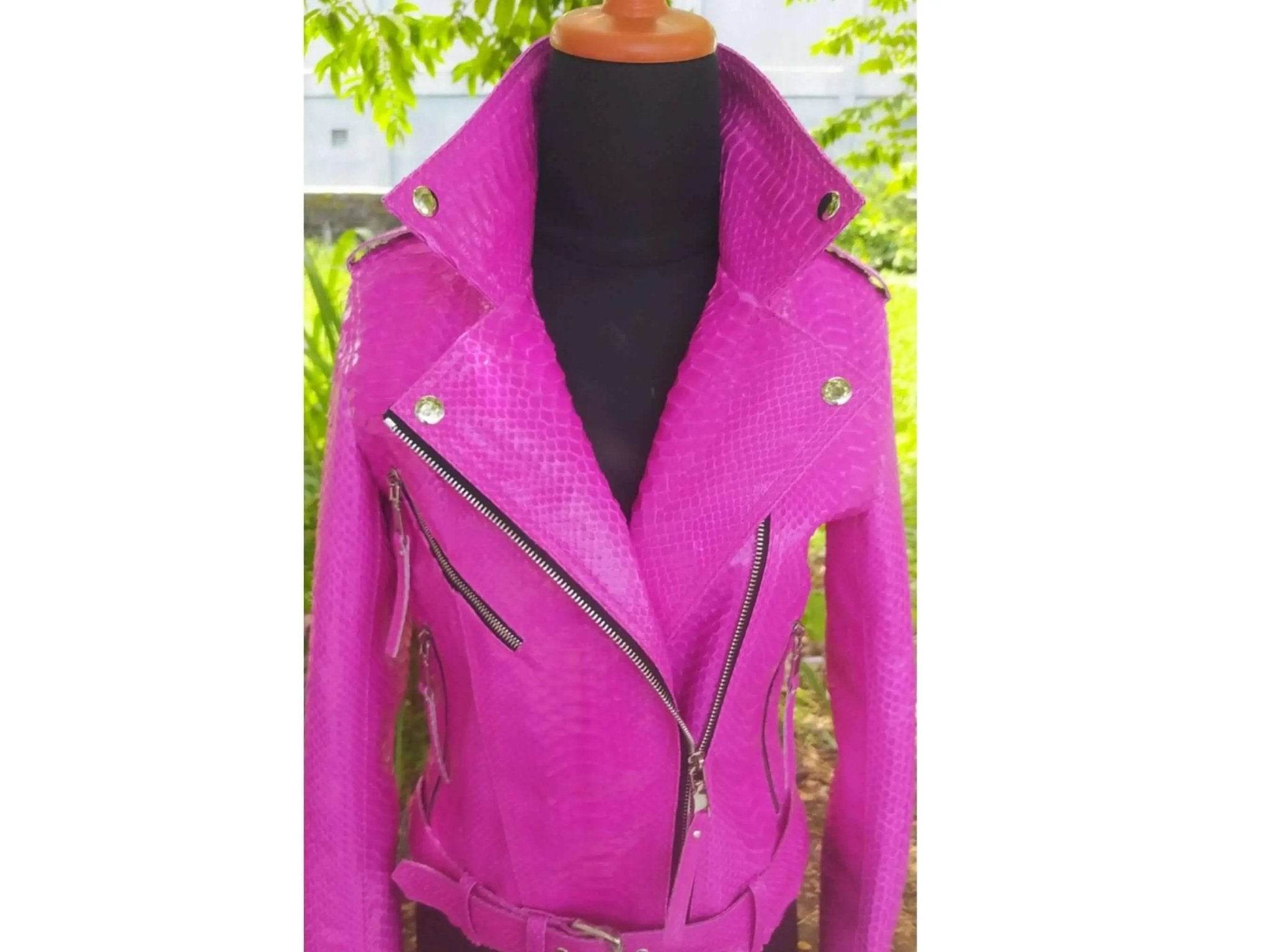 Neon pink python snakeskin leather biker jacket with asymmetrical zipper and tassels