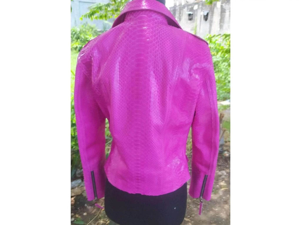 Back view of neon pink python snakeskin leather jacket with long sleeves and no vent