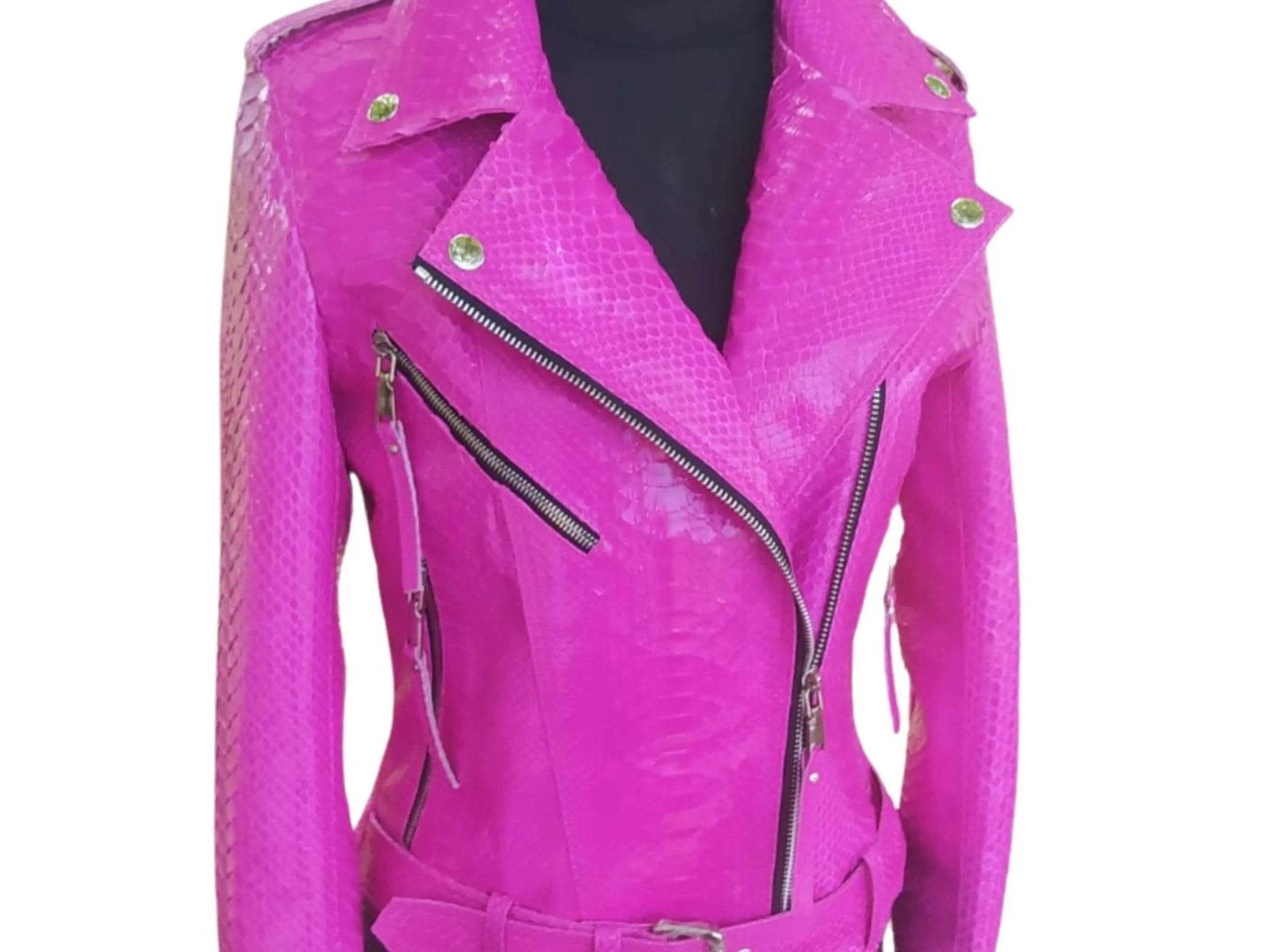 Neon pink snakeskin leather jacket with long front zipper and silver hardware