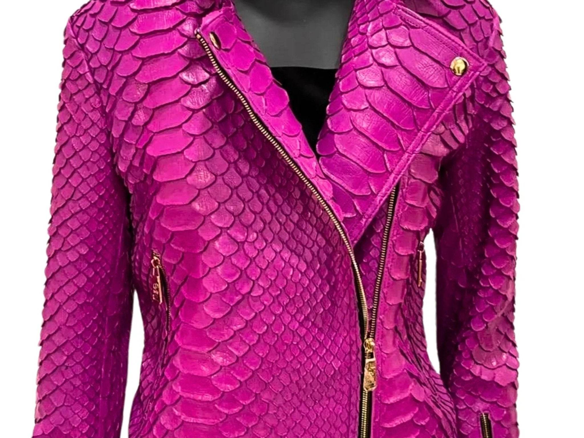 Bright magenta snakeskin leather jacket with asymmetrical zipper and gold buttons