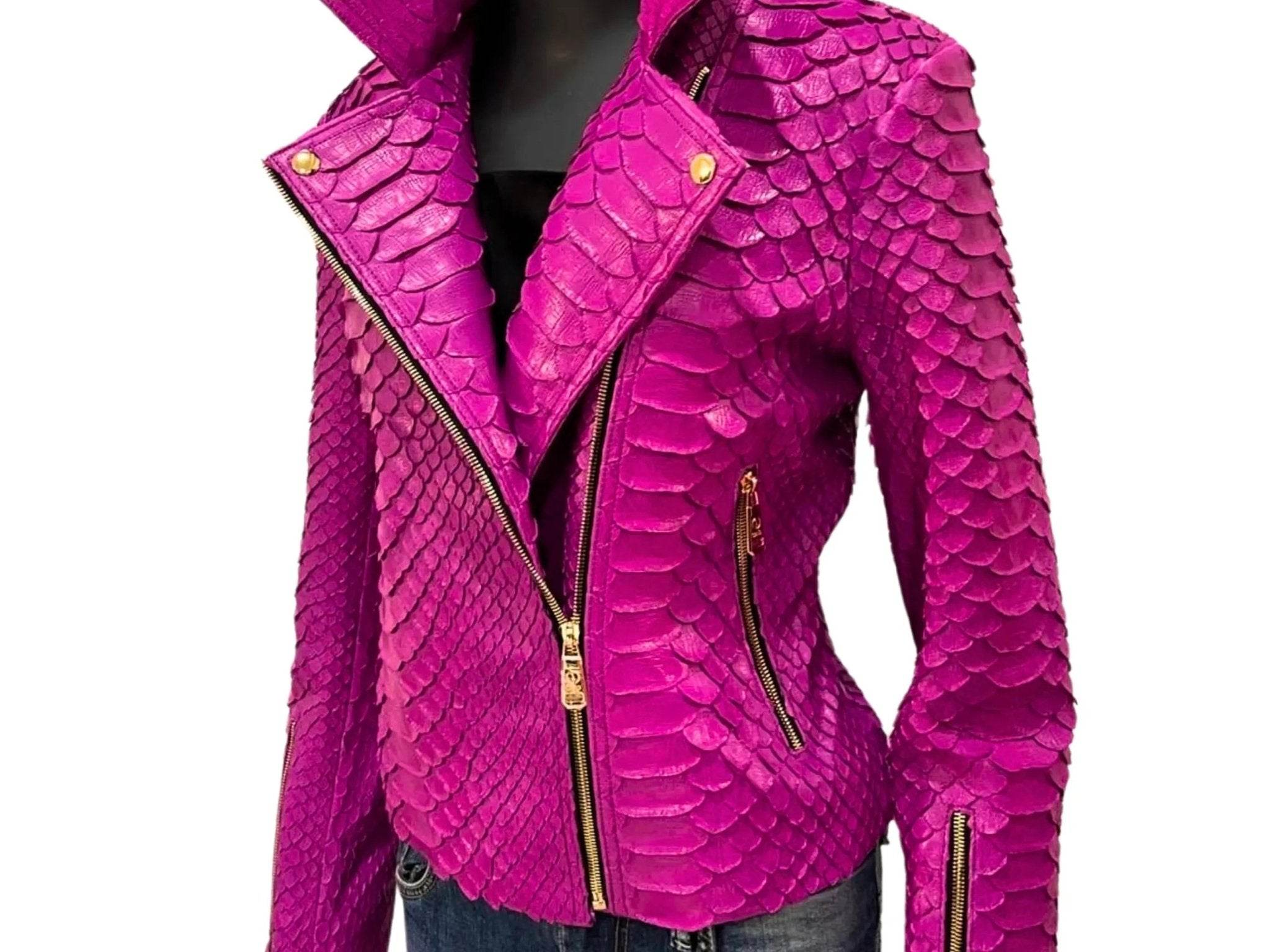 Bright magenta snakeskin leather jacket with asymmetrical front zipper and hood