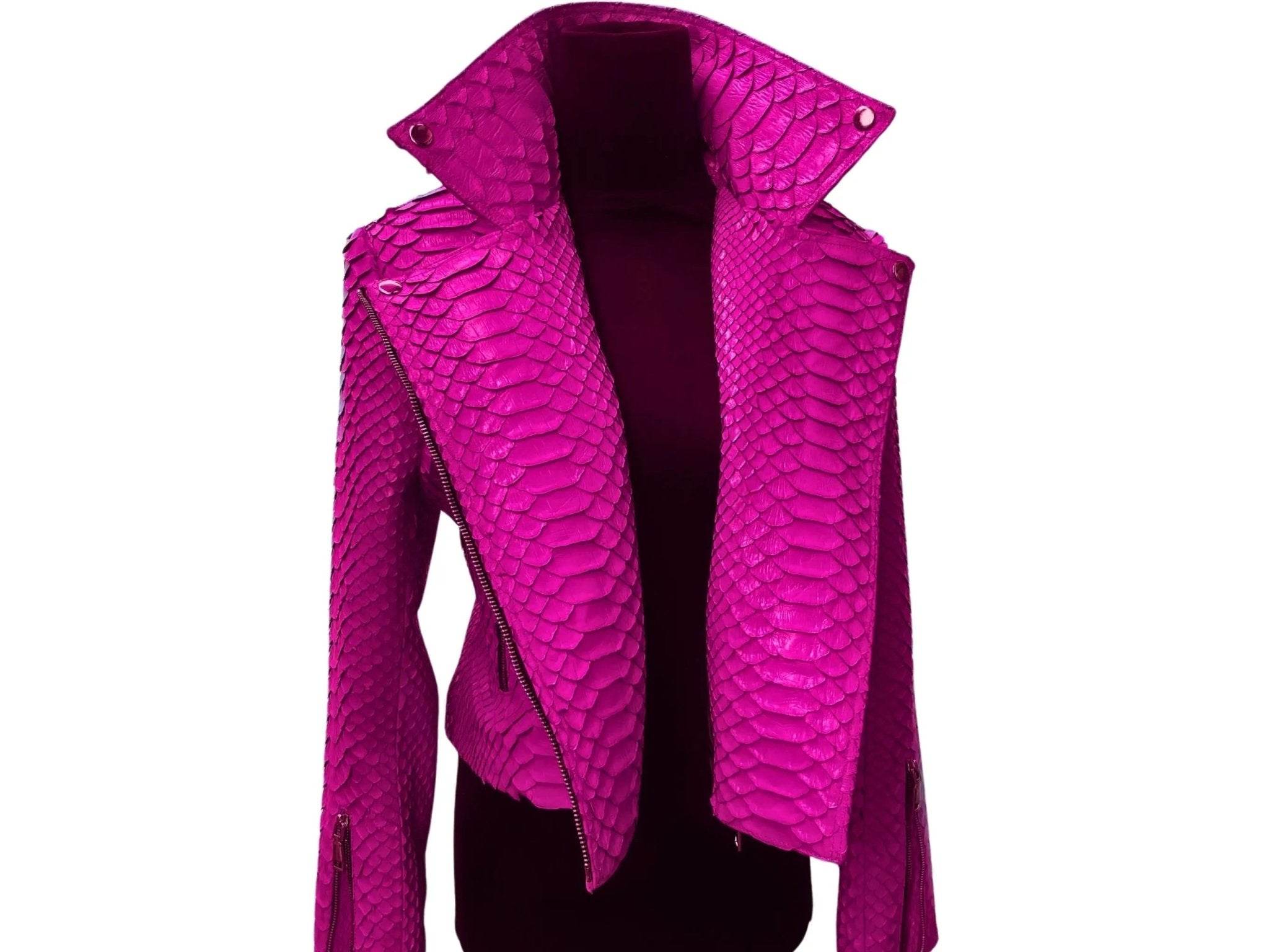 Bright magenta snakeskin leather jacket with hood and dark interior lining