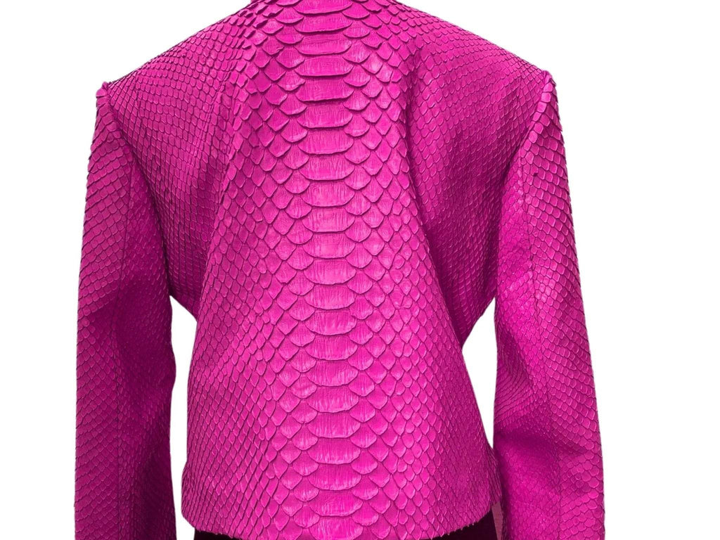 Bright magenta snakeskin leather jacket back view with structured yoke