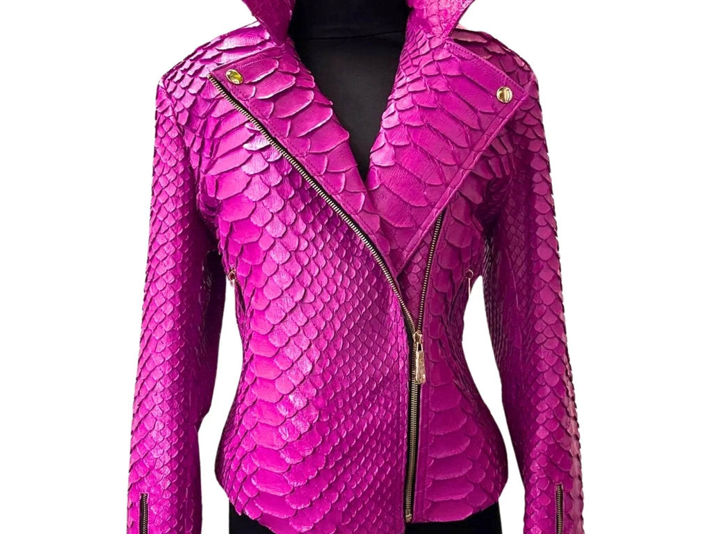 Bright magenta snakeskin leather jacket with front zipper and gold hardware