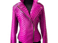 Bright magenta snakeskin leather jacket with front zipper and gold hardware