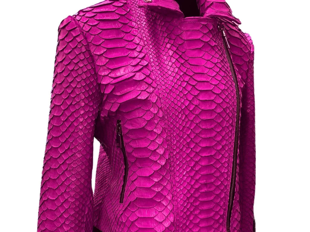 Bright magenta snakeskin leather jacket side view with vertical zip and hood