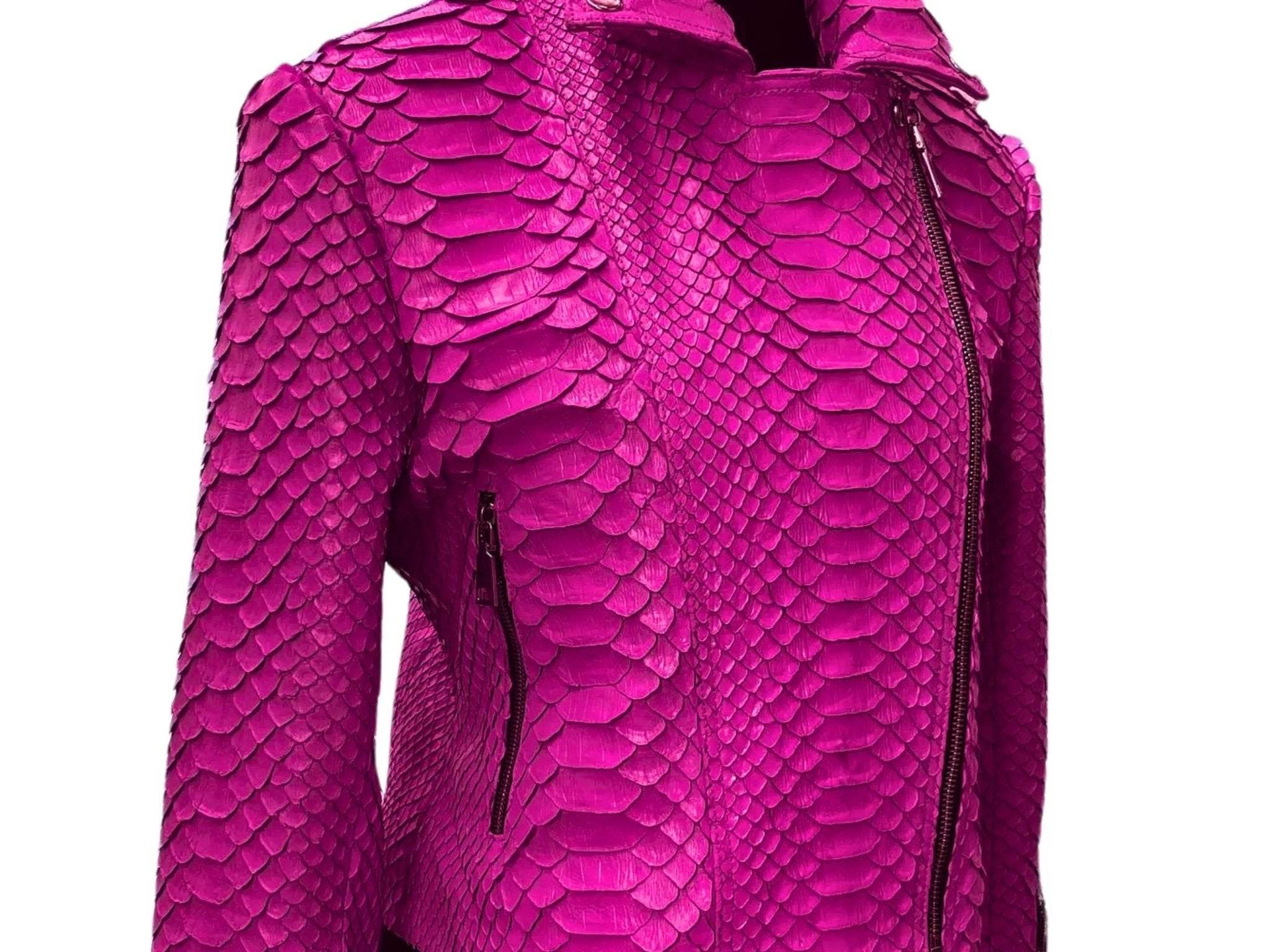 Bright magenta snakeskin leather jacket side view with vertical zip and hood