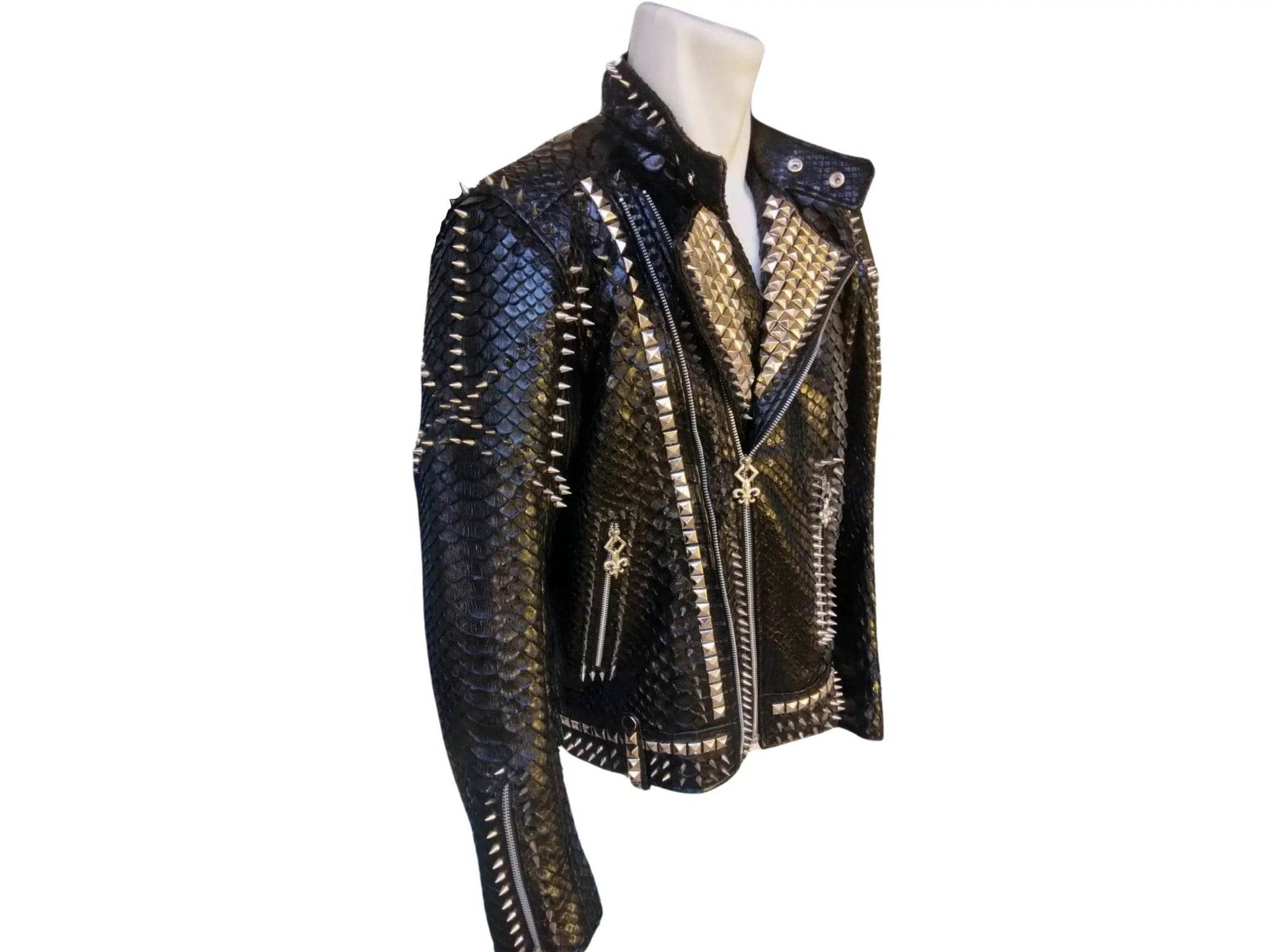 Punk leather jacket side view with raised scale pattern, snap collar, and zippers