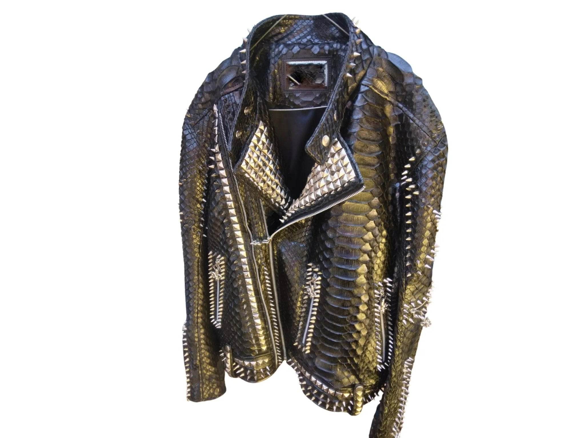 Punk leather jacket with snake-skin texture, metallic paneling, and zip-front design