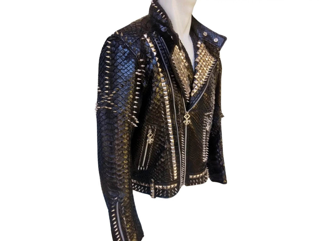 Punk leather jacket front view with studded panels, scale texture, and asymmetrical zipper