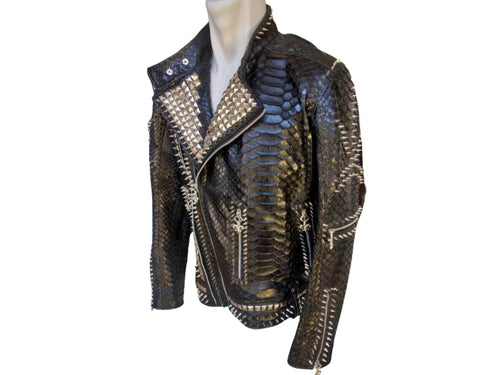 Punk leather jacket angled front view with snake-skin look and gold-trimmed accents