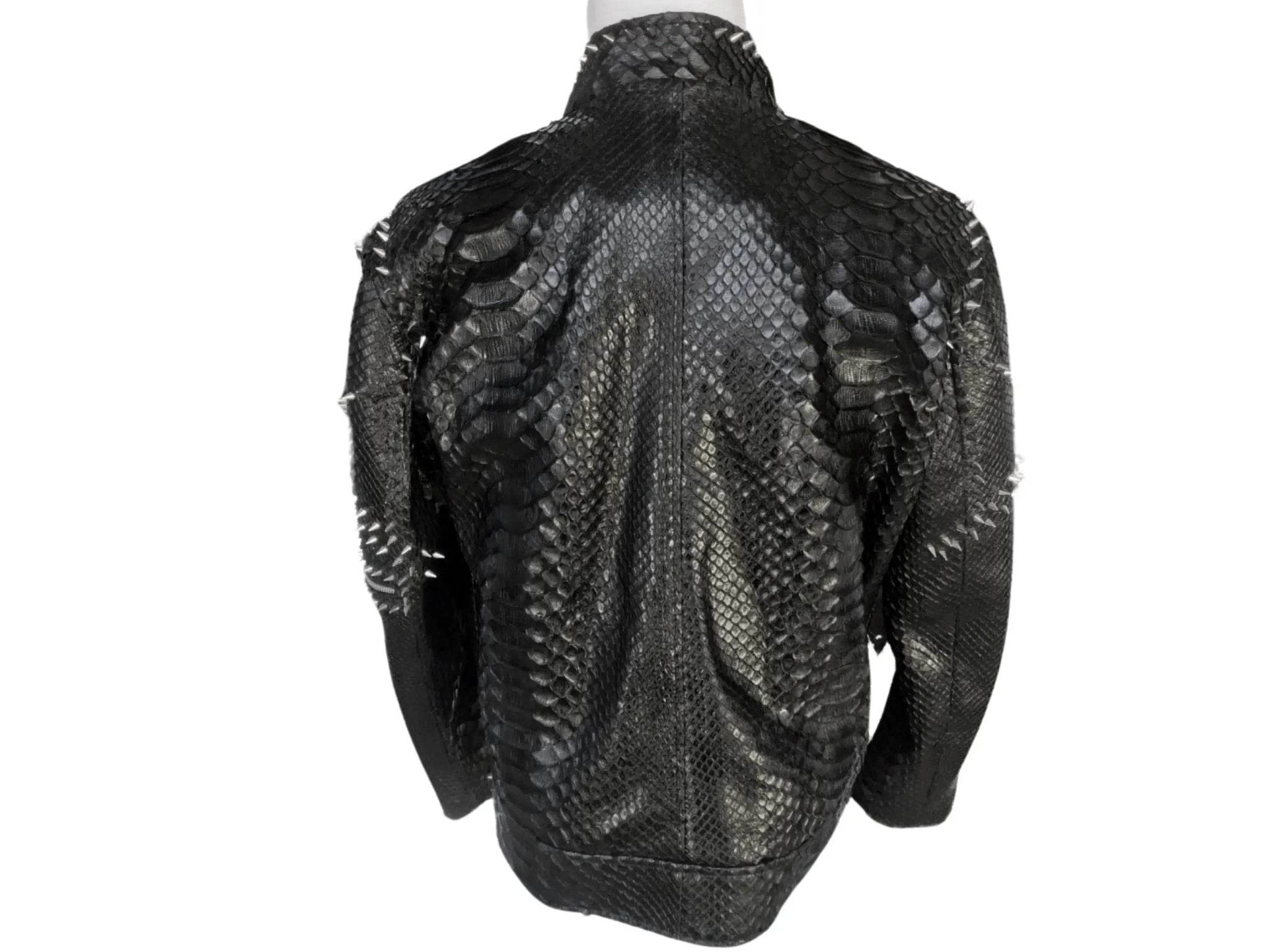 Punk leather jacket back view with dark snake-skin texture and zip details
