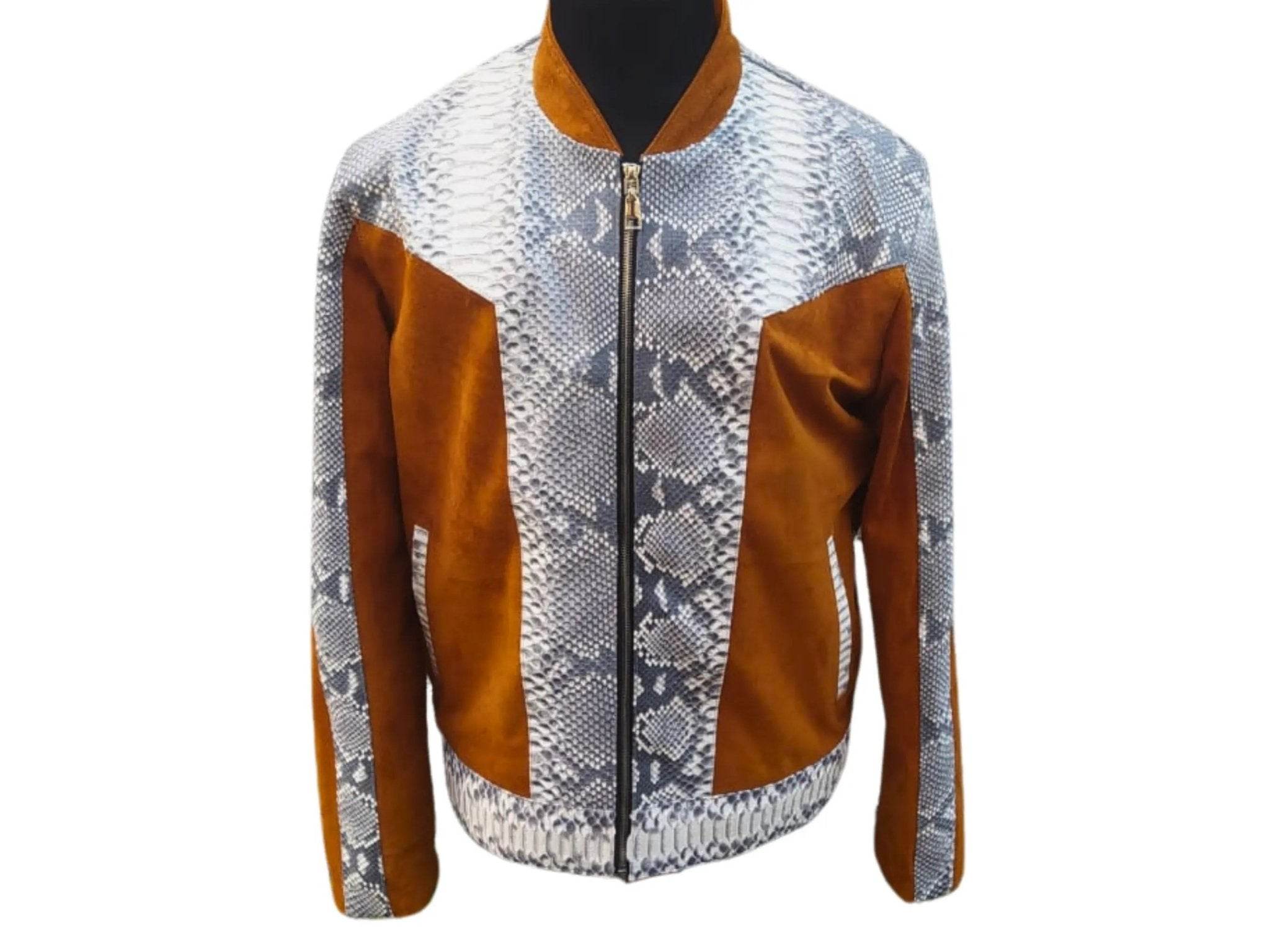 Men's python jacket with silver snake print and brown/orange zip-front pockets