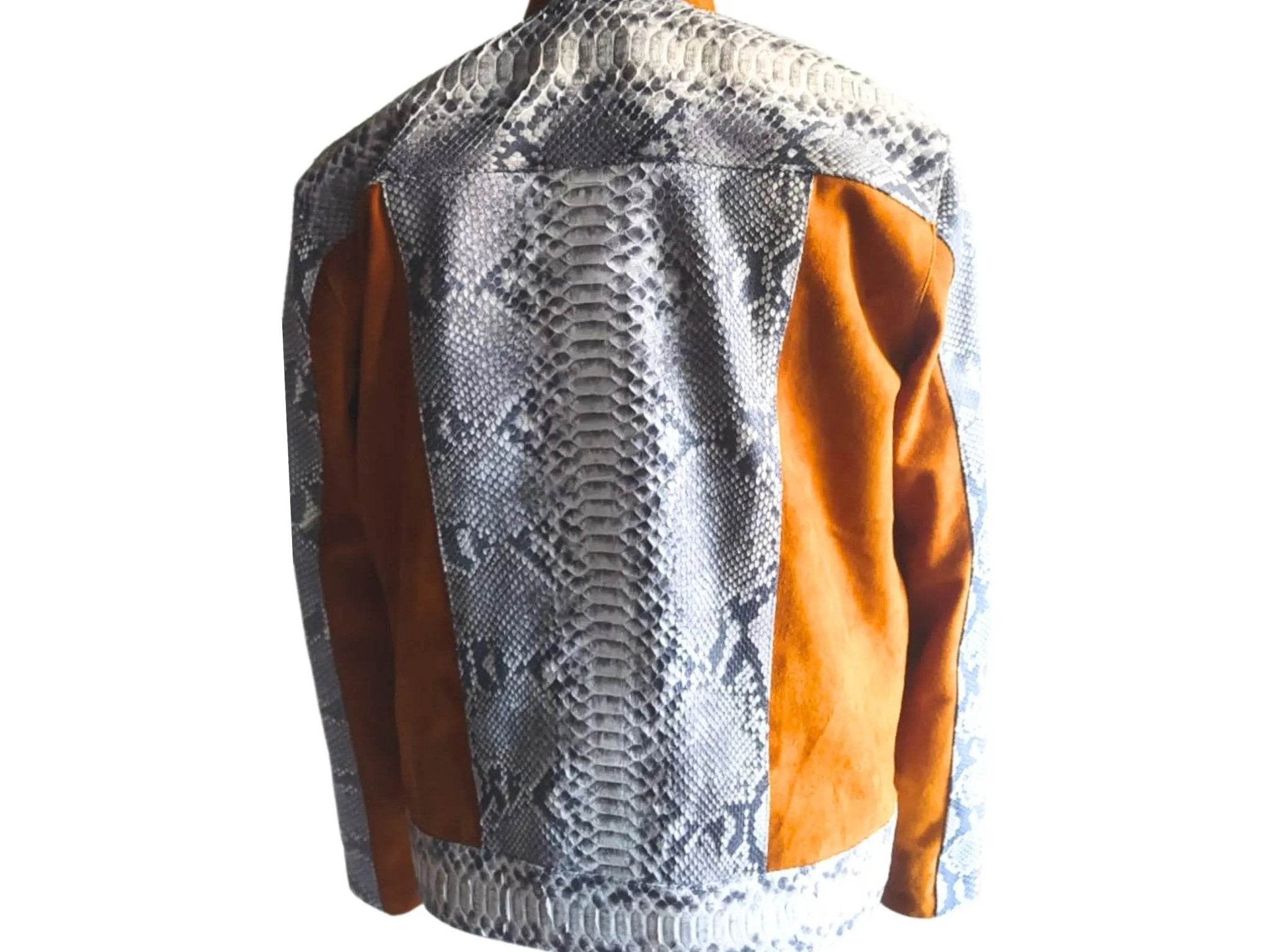 Python jacket 3/4 view, silver snake print with brown/orange sleeves and side panels