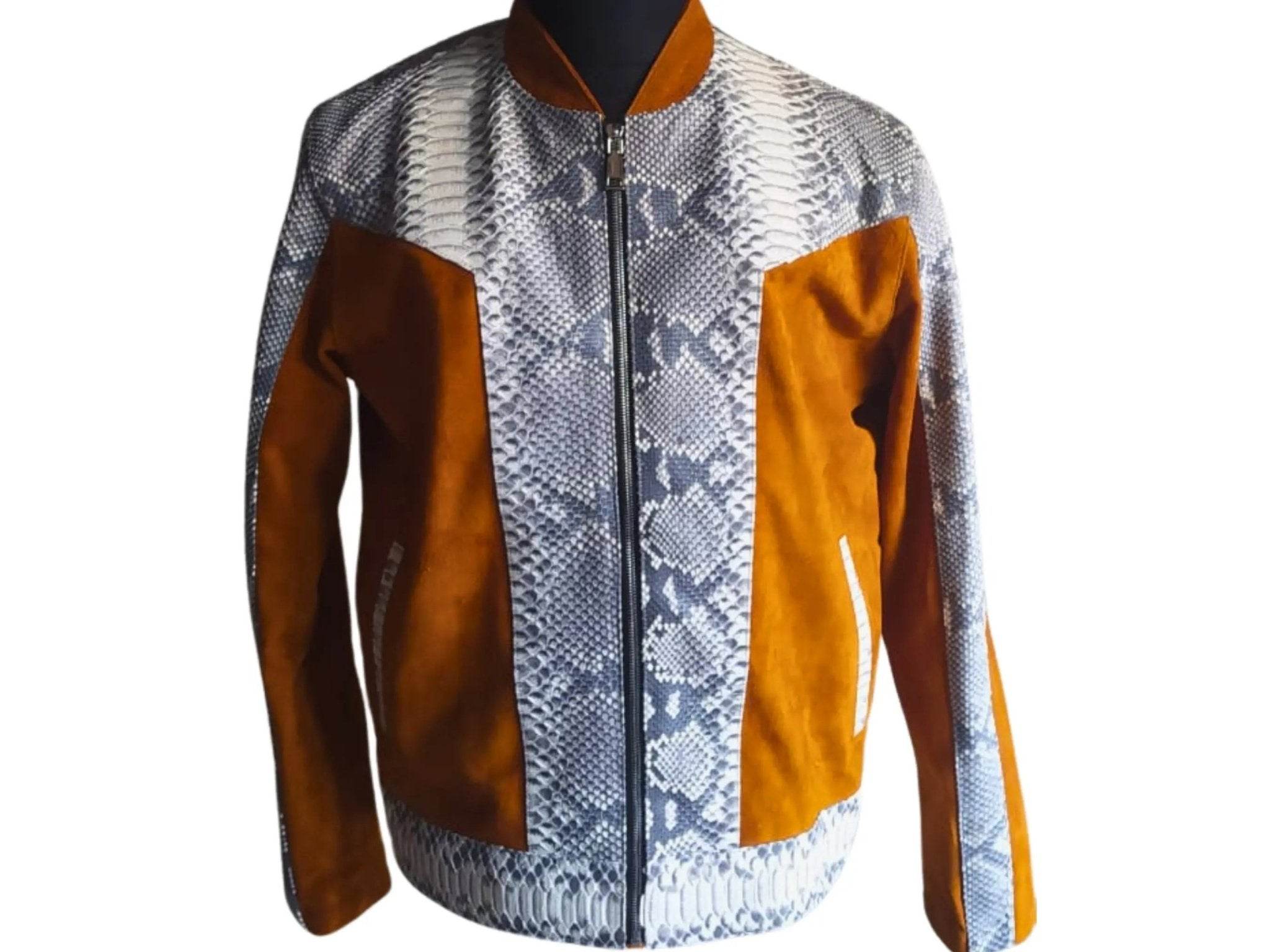 Men's python jacket front, silver snake print with brown/orange chest panels and zipper