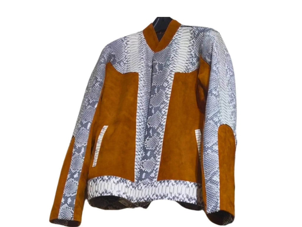 Python jacket top view, silver snake print with brown/orange chest panels and striped hem