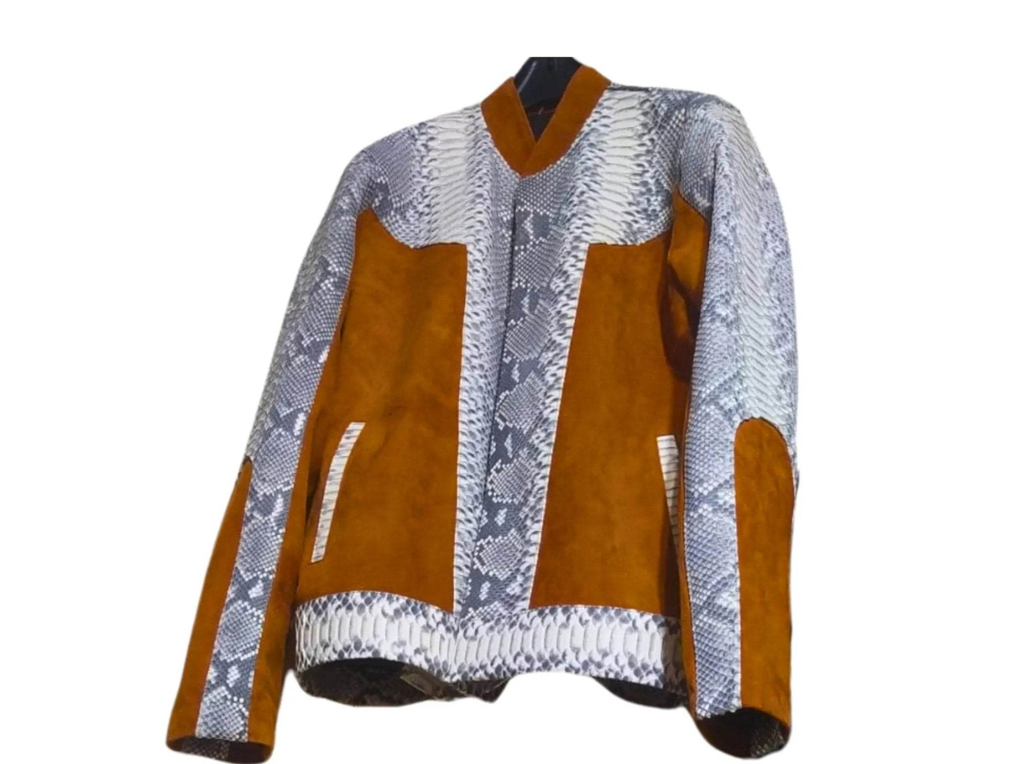 Python jacket top view, silver snake print with brown/orange chest panels and striped hem