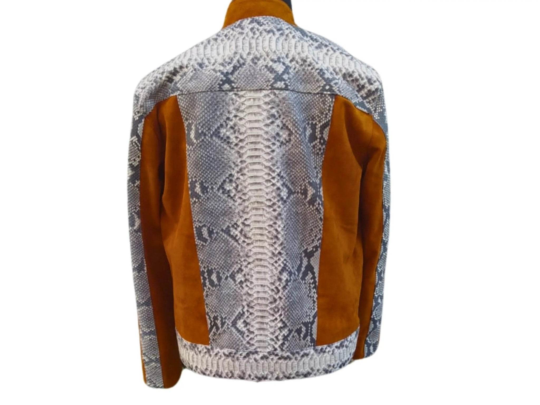 Python jacket back view, silver snake print with brown/orange vertical panel accents