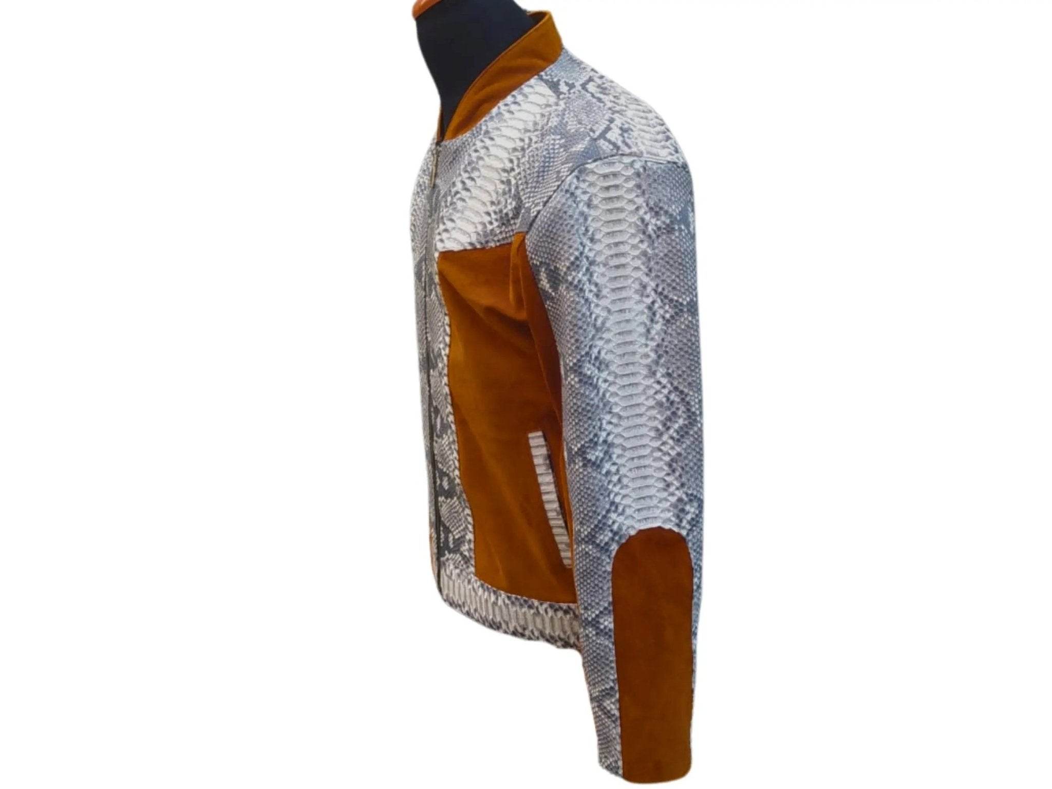 Python jacket side view, silver snake texture with brown/orange sleeve and pocket panels