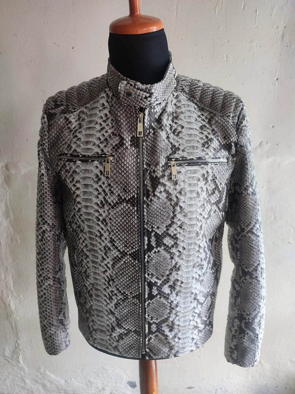 Snakeskin leather jacket, silver-gray, stand collar, zip front, flap chest pockets