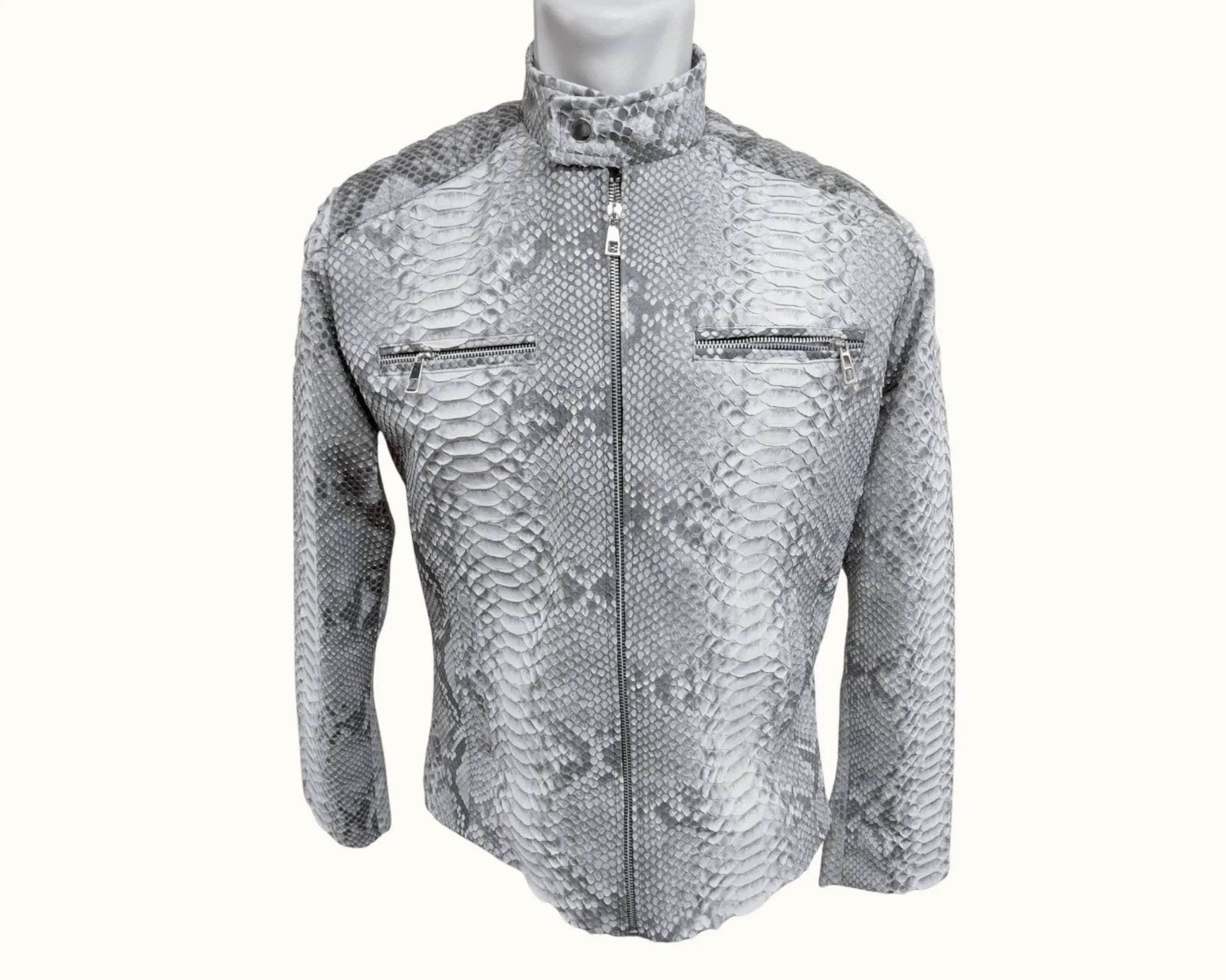 Snakeskin leather jacket, silver-gray, center zip and two chest flap pockets